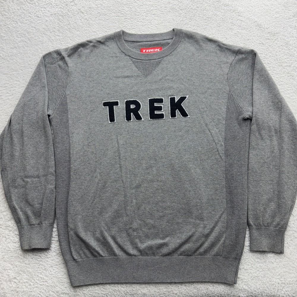 Trek Bicycle Corp Mens M Gray Cotton Crewneck‎ Sweater Logo Patch Ribbed Side